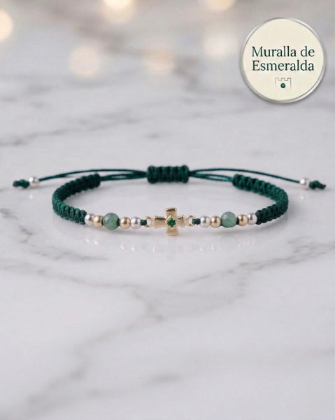 BRAZALETE MURALLA DE ESMERALDA CON CRUZ PLATA ITA