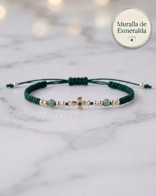 BRAZALETE MURALLA DE ESMERALDA CON CRUZ PLATA ITA
