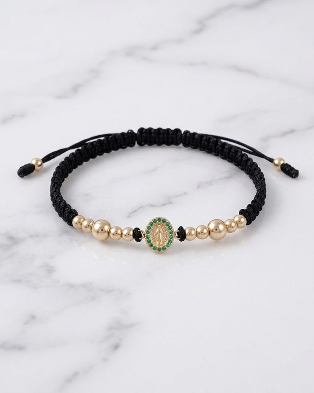 BRAZALETE VIRGEN MILAGROSA VERDE ESM HILO NEGRO